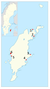 En karta över Gotland med platser markerade med siffror